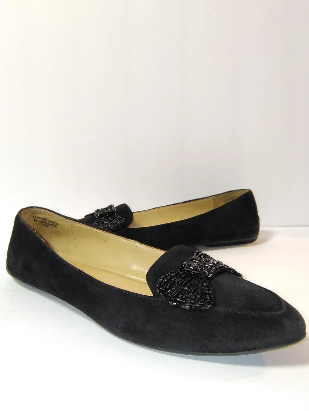 Talbots Women's Francesca Beaded Bow Suede Driving Moccasins Slip-On Flat Black